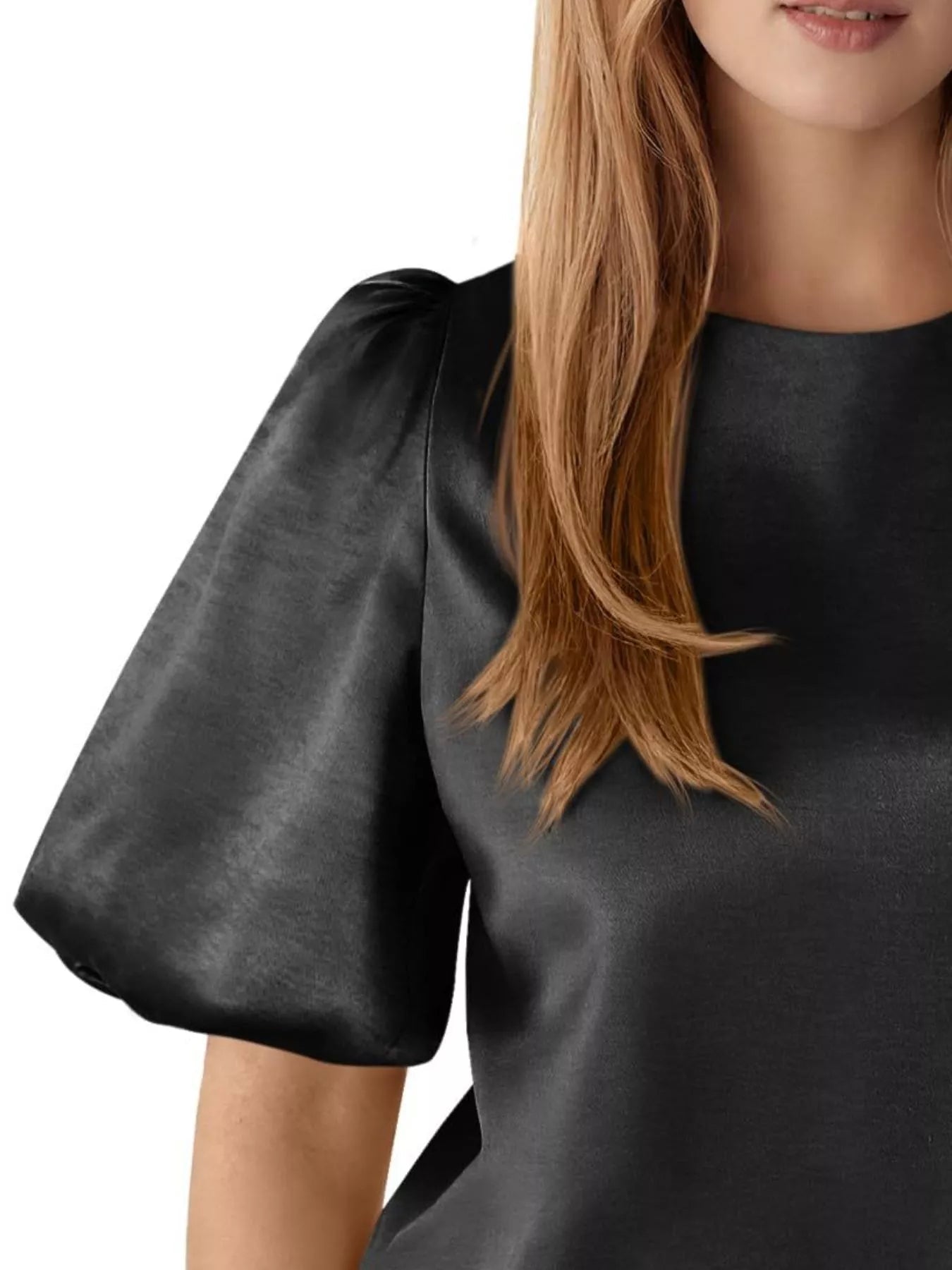 Round Neck Puff Sleeve Satin Top - PBNJ FASHIONS