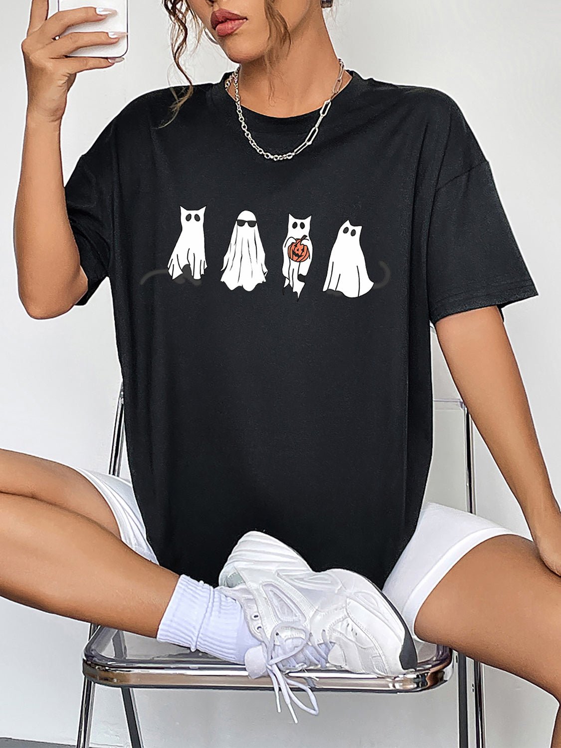 Round Neck Short Sleeve Ghost Graphic T-Shirt - PBNJ FASHIONS
