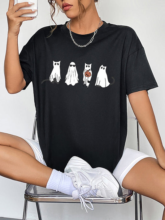 Round Neck Short Sleeve Ghost Graphic T-Shirt - PBNJ FASHIONS