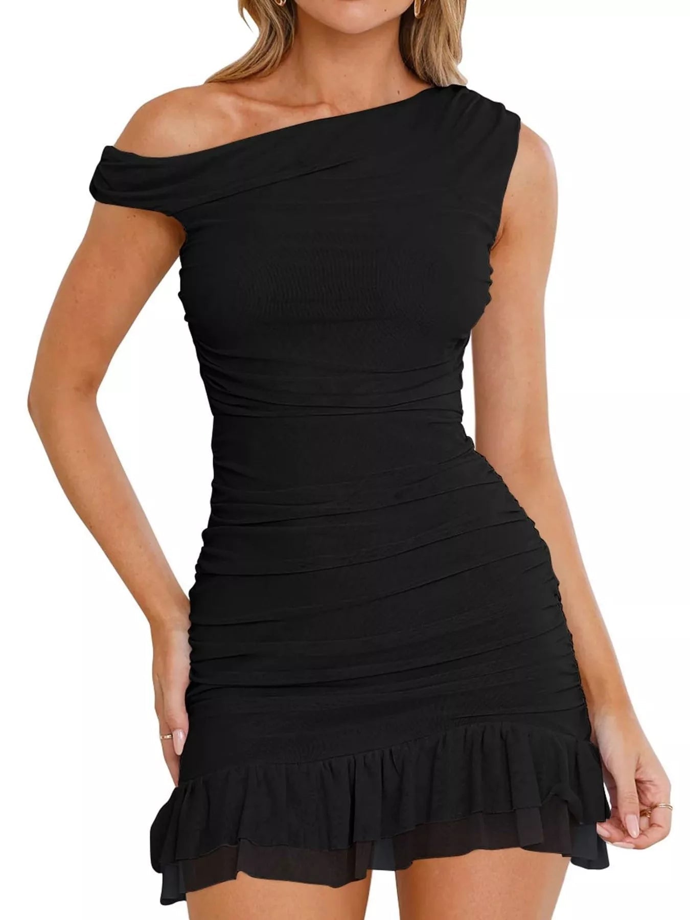 Ruffled Single Shoulder Mini Dress - Elegant & Chic Style Statement - Black-S- - PBNJ FASHIONS