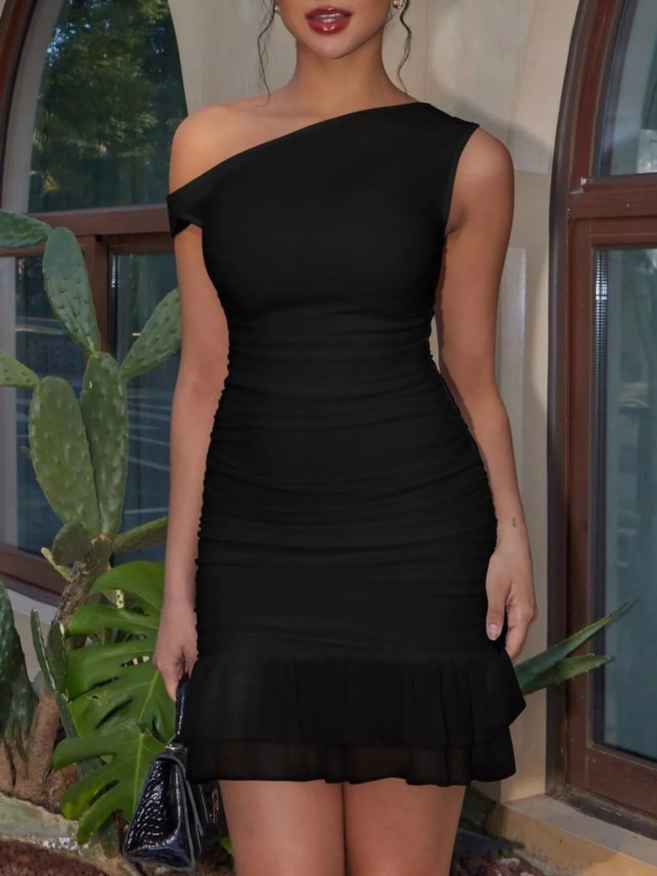 Ruffled Single Shoulder Mini Dress - Elegant & Chic Style Statement - Black-S- - PBNJ FASHIONS
