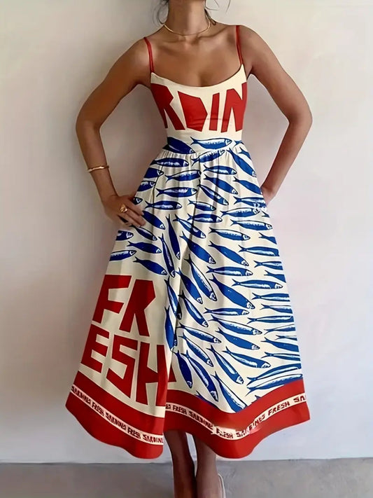 Sardine Print Spaghetti Strap Midi Dress - PBNJ FASHIONS