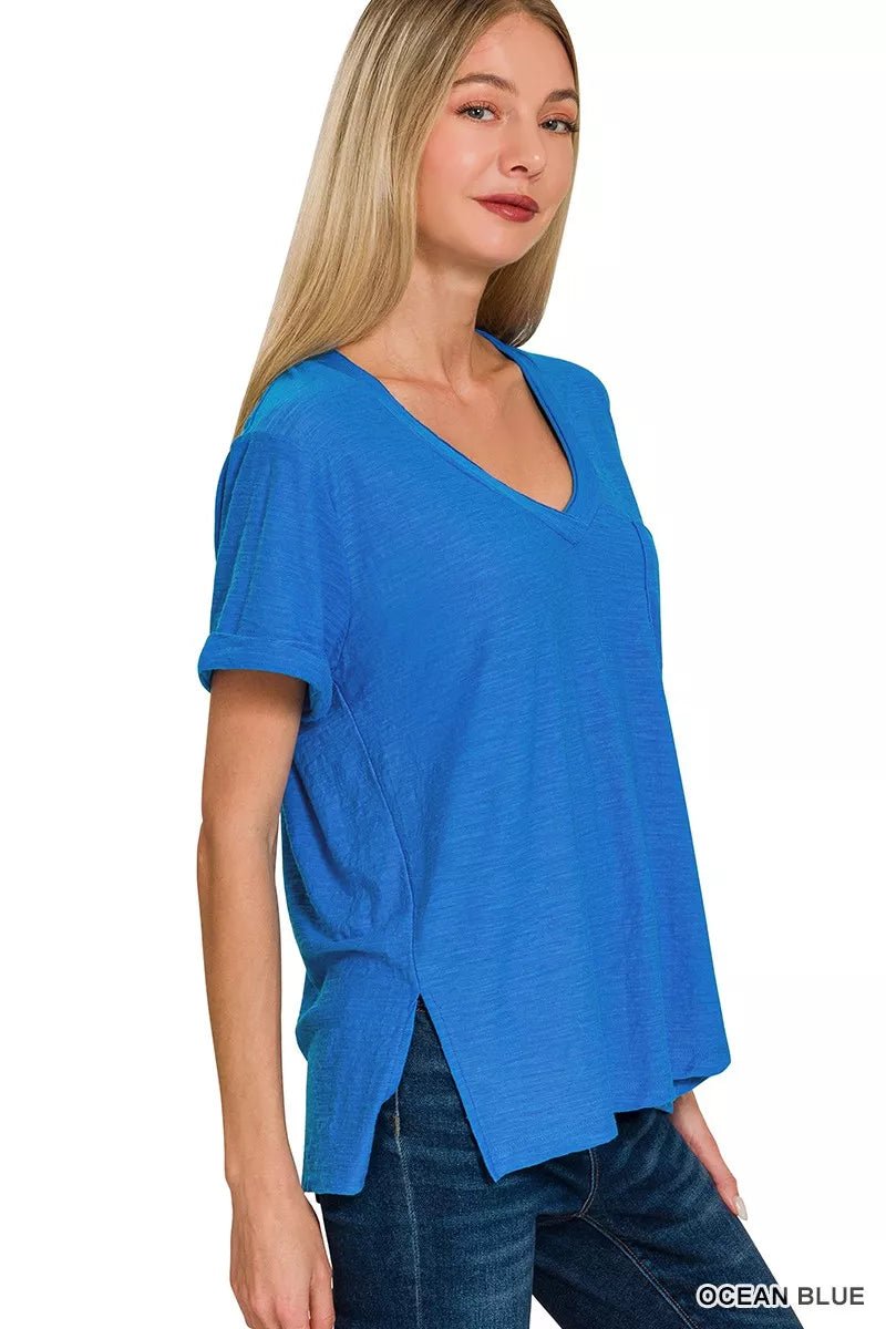 Slub Rolled V-neck Tee: Casual Staple with Stylish Twist - OCEAN BLUE-S- - PBNJ FASHIONS