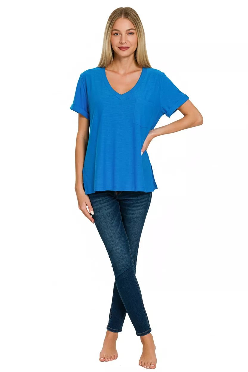Slub Rolled V-neck Tee: Casual Staple with Stylish Twist - OCEAN BLUE-S- - PBNJ FASHIONS