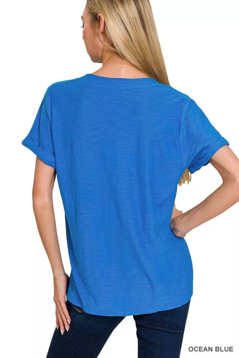 Slub Rolled V-neck Tee: Casual Staple with Stylish Twist - OCEAN BLUE-S- - PBNJ FASHIONS