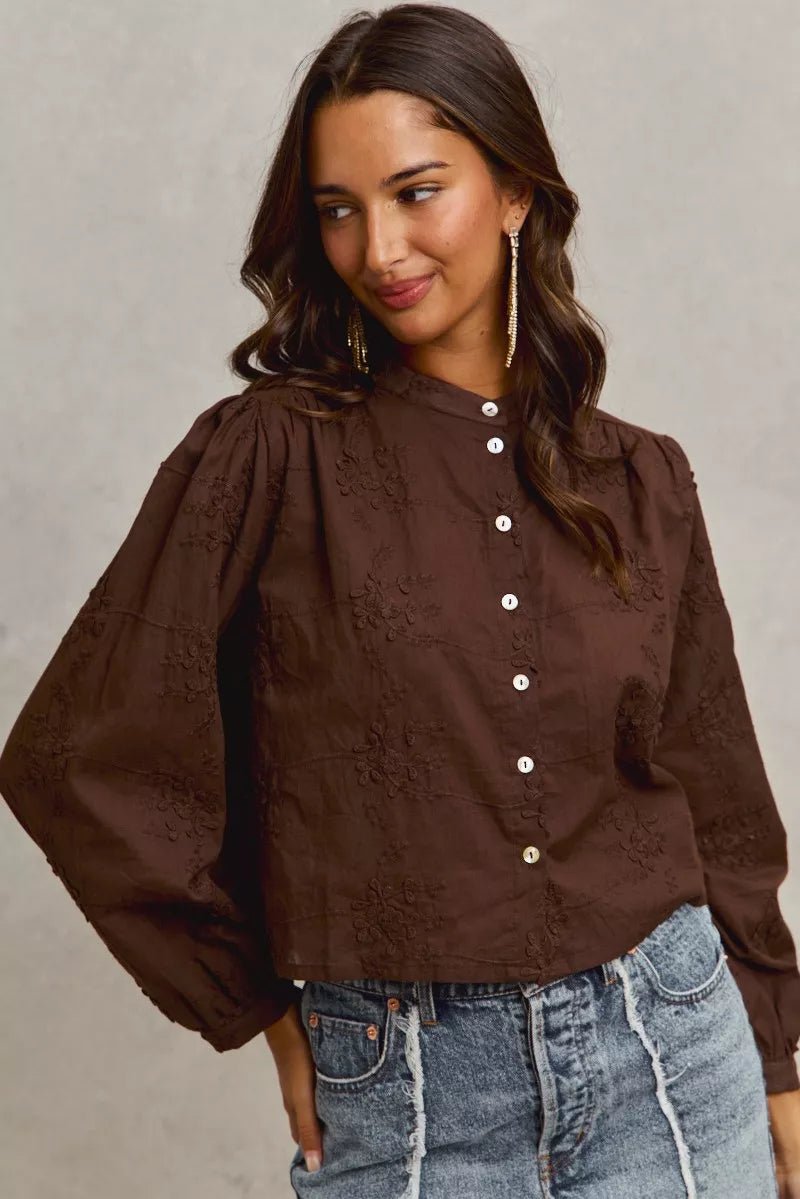 SO ME 3d Floral Woven Long Sleeve Front Button Shirt - PBNJ FASHIONS