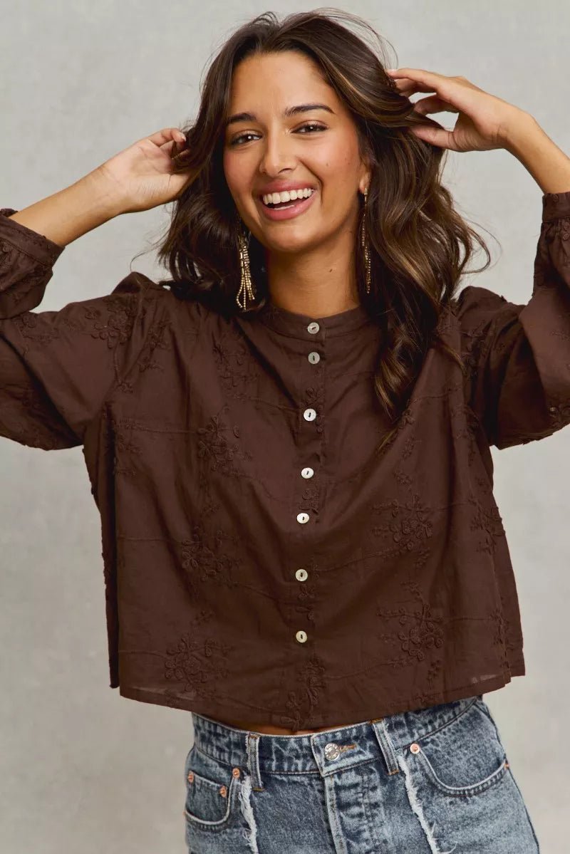 SO ME 3d Floral Woven Long Sleeve Front Button Shirt - PBNJ FASHIONS