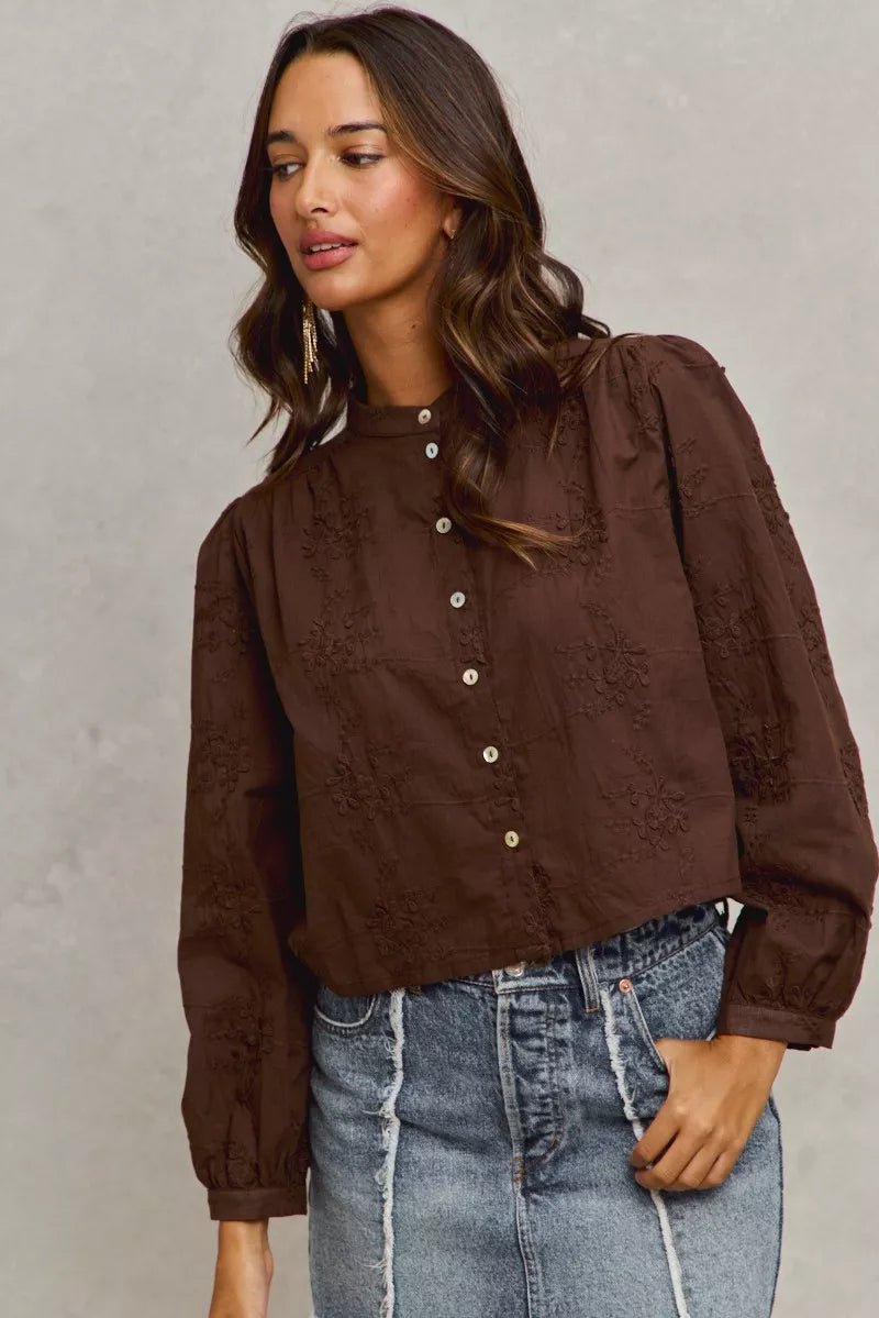 SO ME 3d Floral Woven Long Sleeve Front Button Shirt - PBNJ FASHIONS