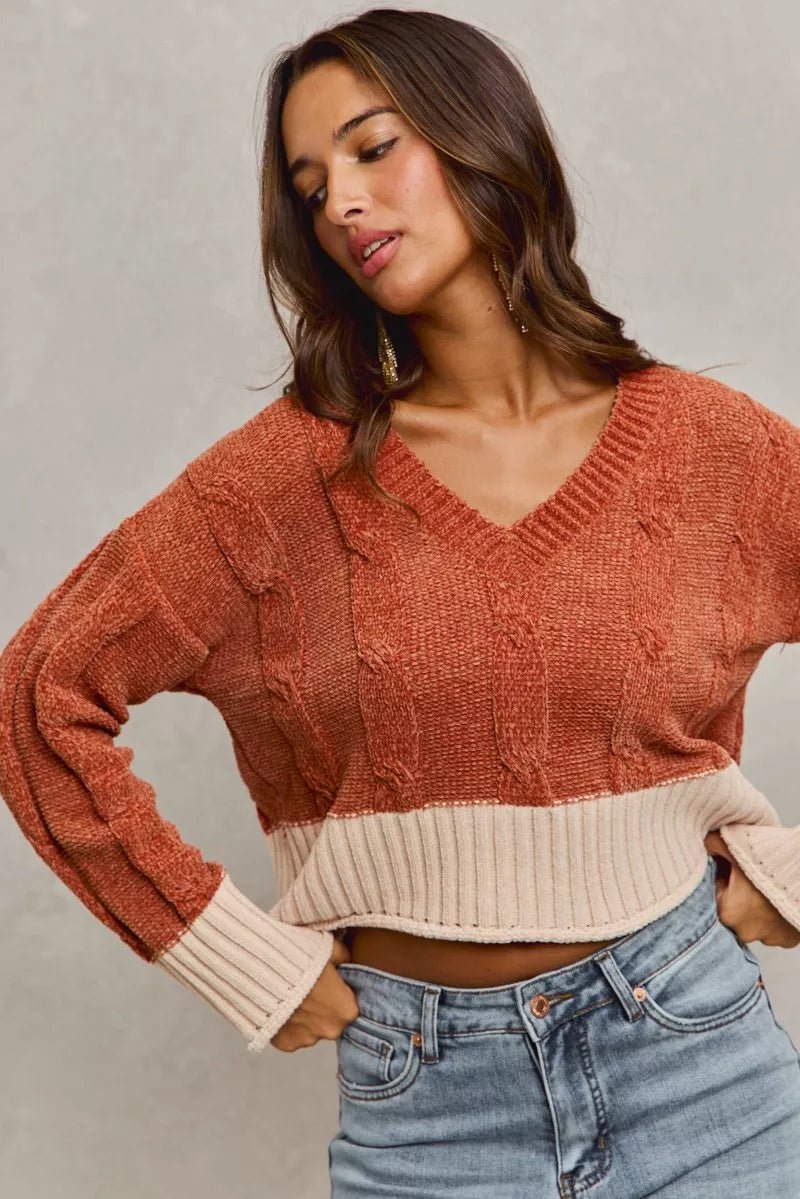 SO ME Chenille Cable Knit V Neck Contrast Cropped Sweater - PBNJ FASHIONS