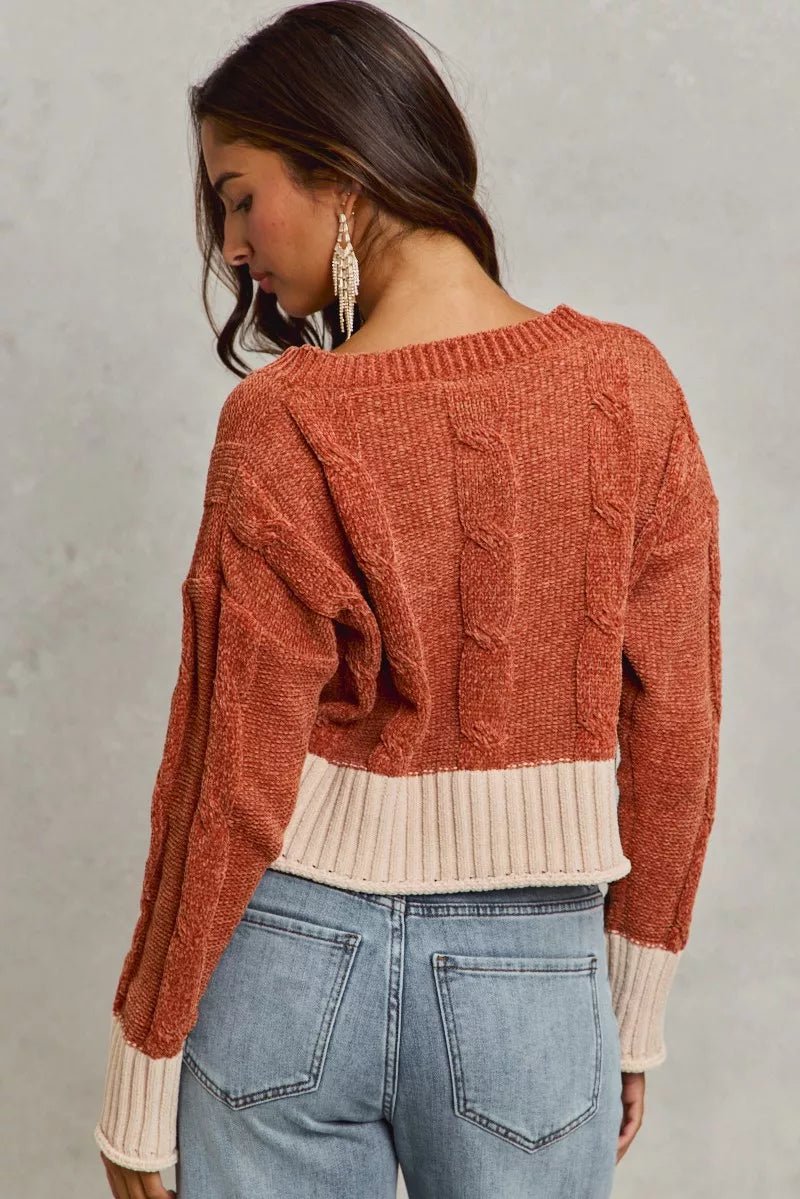 SO ME Chenille Cable Knit V Neck Contrast Cropped Sweater - PBNJ FASHIONS