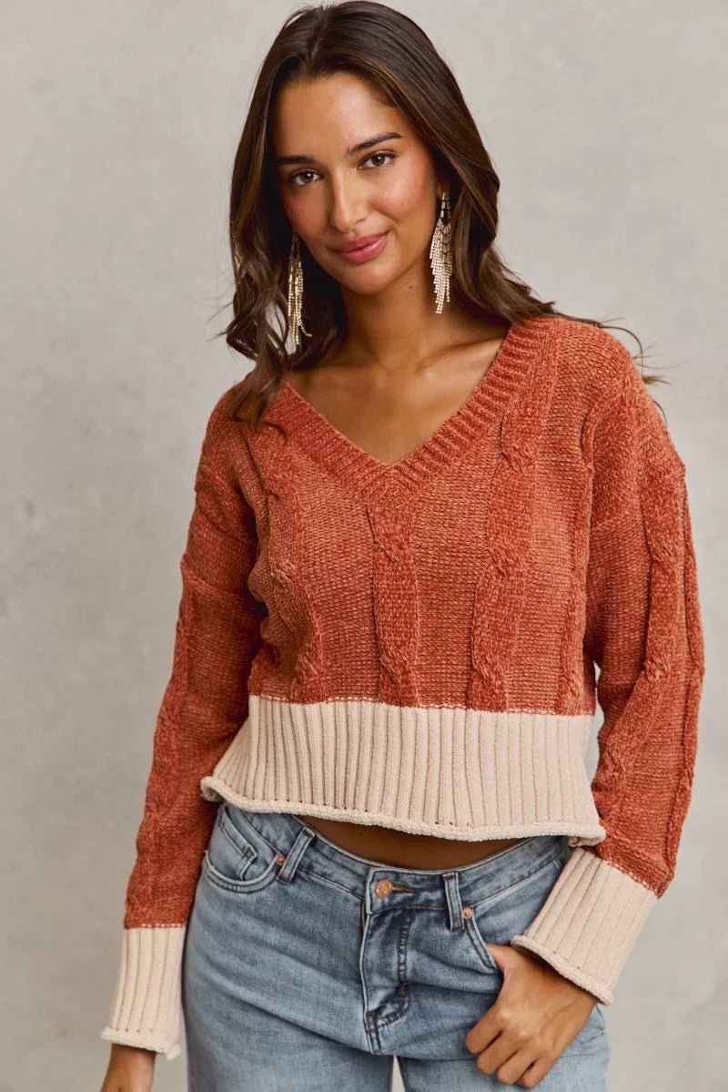 SO ME Chenille Cable Knit V Neck Contrast Cropped Sweater - PBNJ FASHIONS