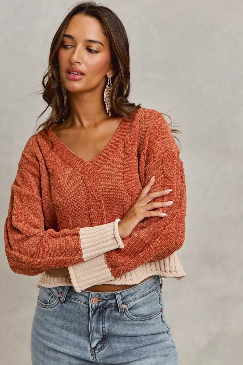 SO ME Chenille Cable Knit V Neck Contrast Cropped Sweater - PBNJ FASHIONS