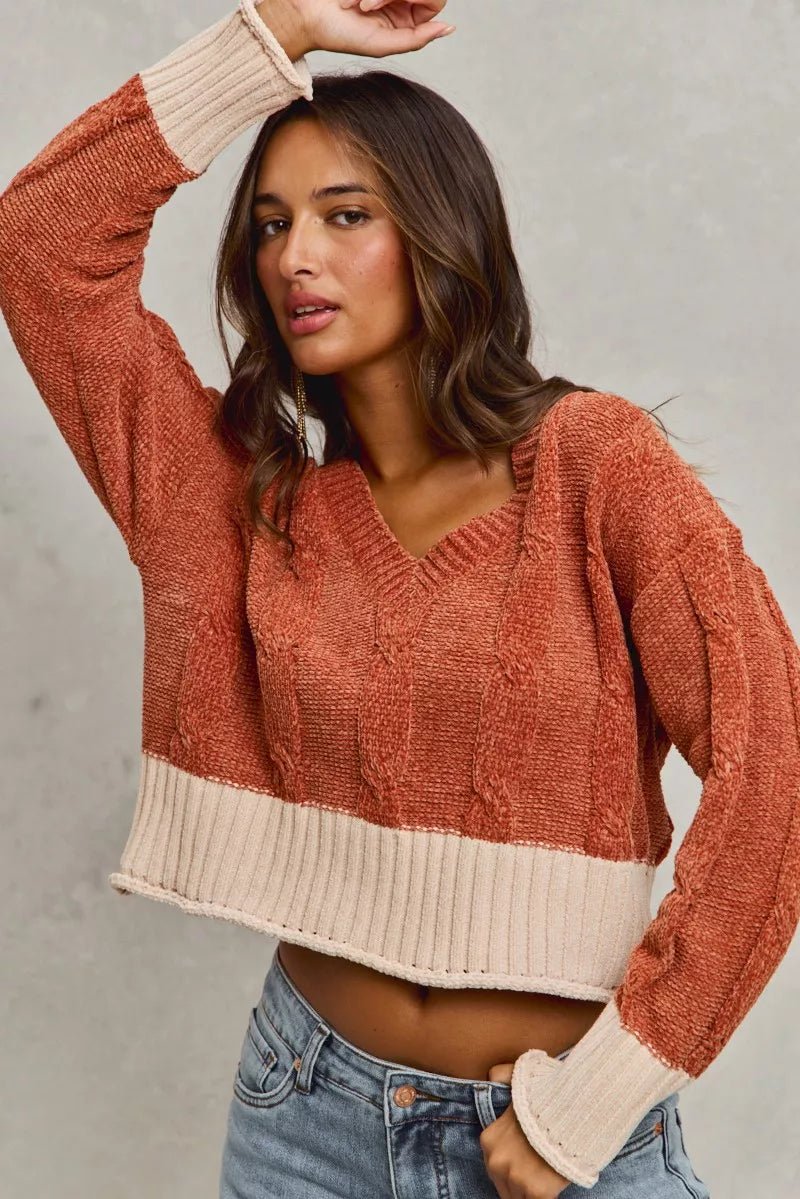 SO ME Chenille Cable Knit V Neck Contrast Cropped Sweater - PBNJ FASHIONS