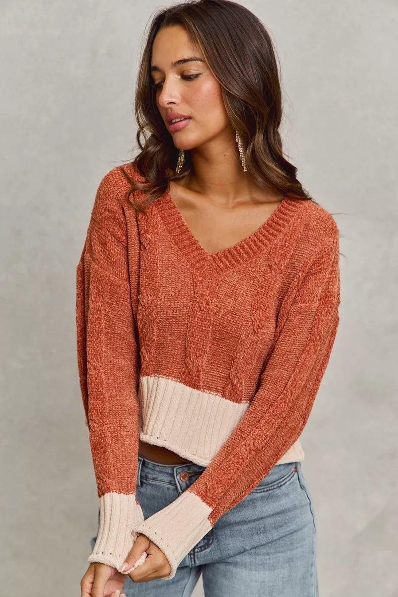 SO ME Chenille Cable Knit V Neck Contrast Cropped Sweater - PBNJ FASHIONS