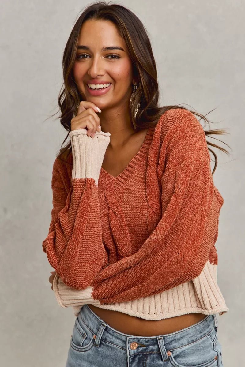 SO ME Chenille Cable Knit V Neck Contrast Cropped Sweater - PBNJ FASHIONS