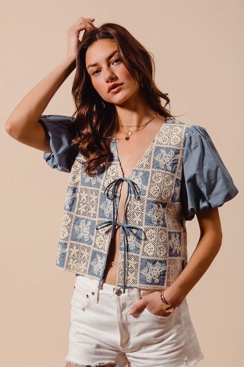 SO ME Crochet Lace Tie Front V Neck Blouse Top - PBNJ FASHIONS