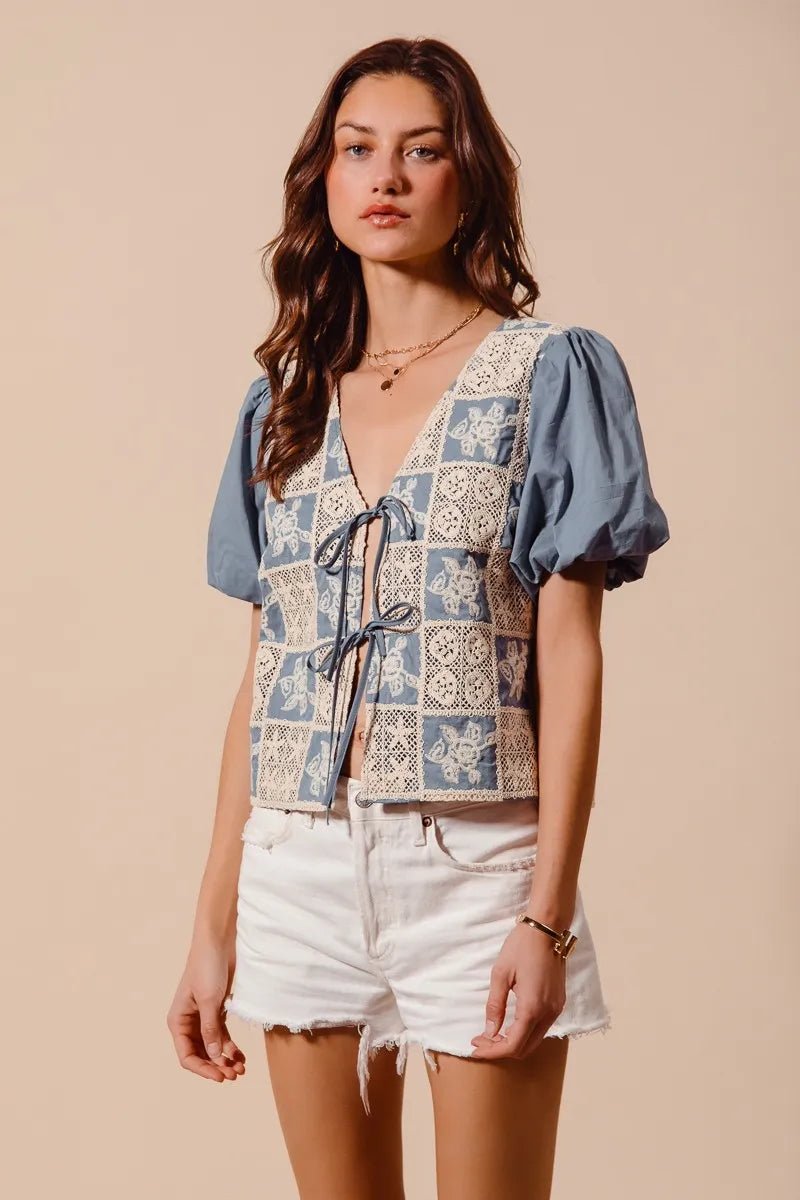 SO ME Crochet Lace Tie Front V Neck Blouse Top - PBNJ FASHIONS