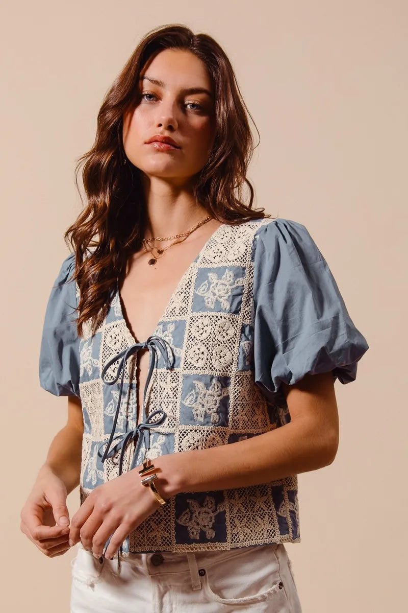 SO ME Crochet Lace Tie Front V Neck Blouse Top - PBNJ FASHIONS