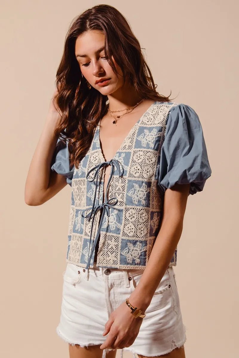 SO ME Crochet Lace Tie Front V Neck Blouse Top - PBNJ FASHIONS