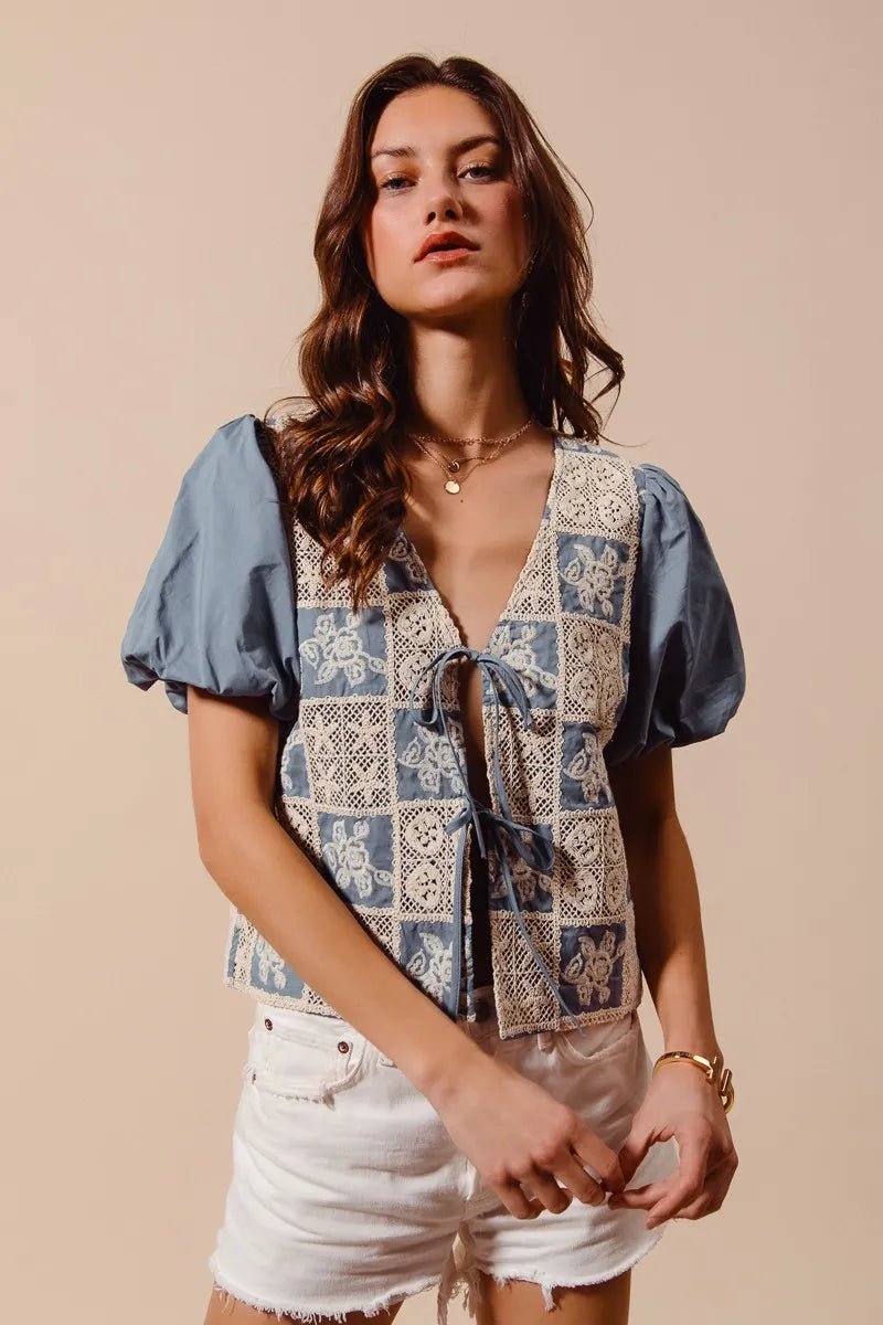 SO ME Crochet Lace Tie Front V Neck Blouse Top - PBNJ FASHIONS