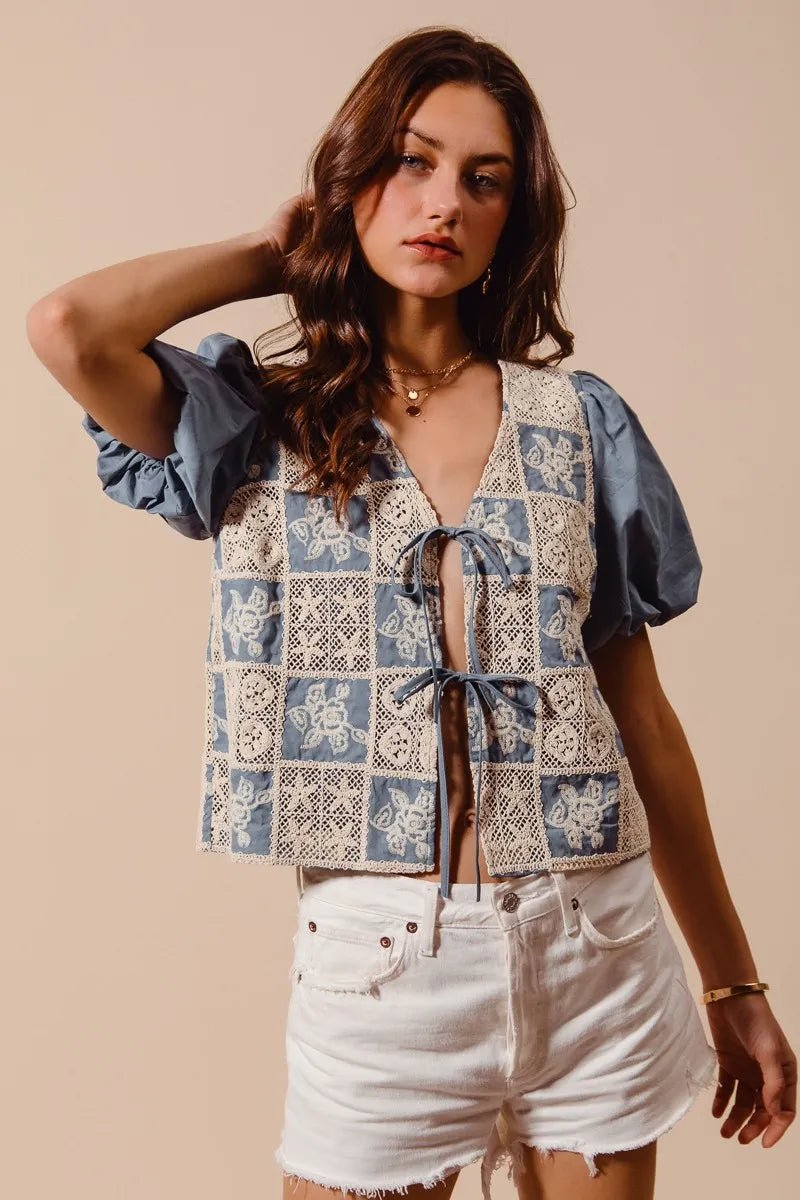SO ME Crochet Lace Tie Front V Neck Blouse Top - PBNJ FASHIONS