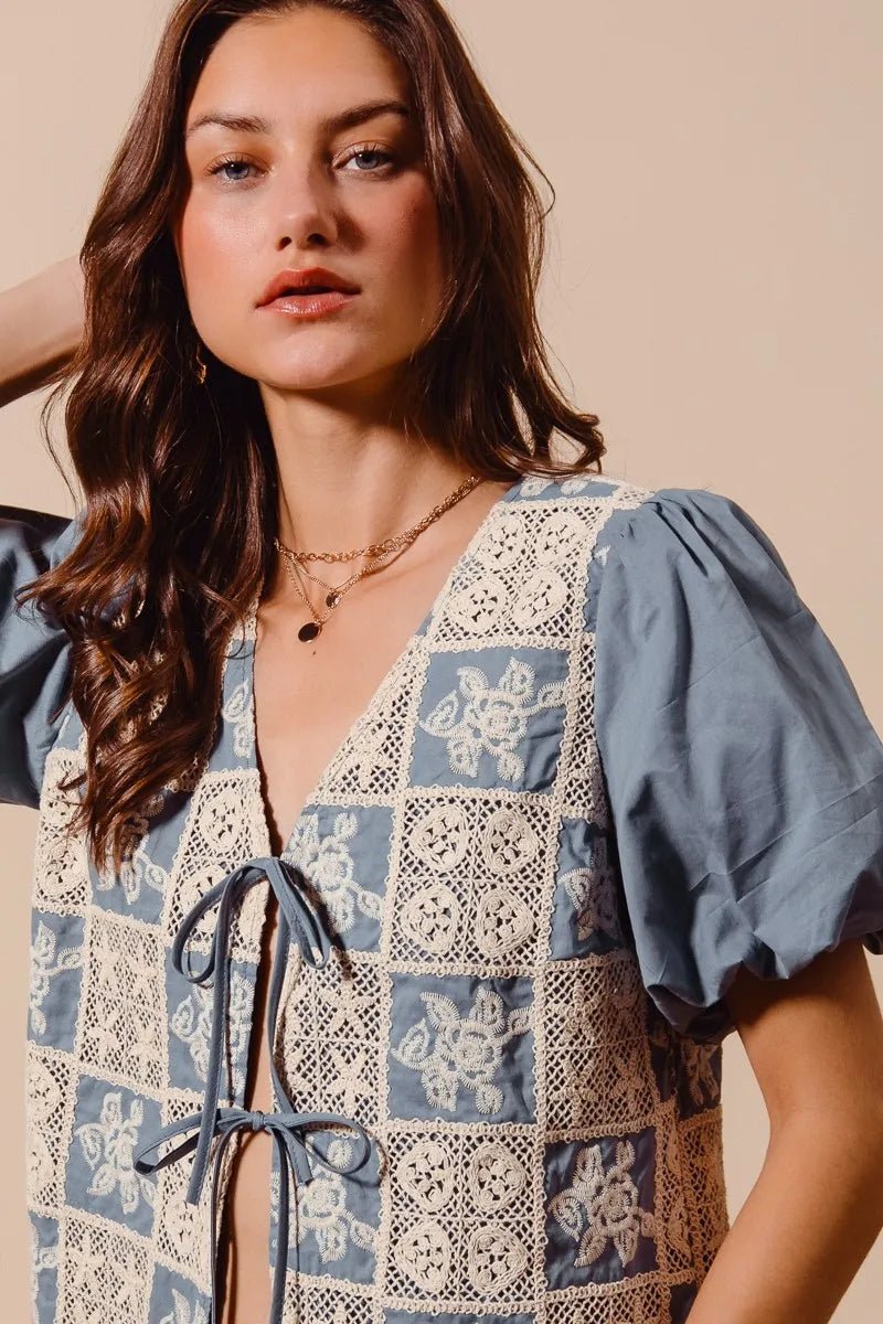 SO ME Crochet Lace Tie Front V Neck Blouse Top - PBNJ FASHIONS