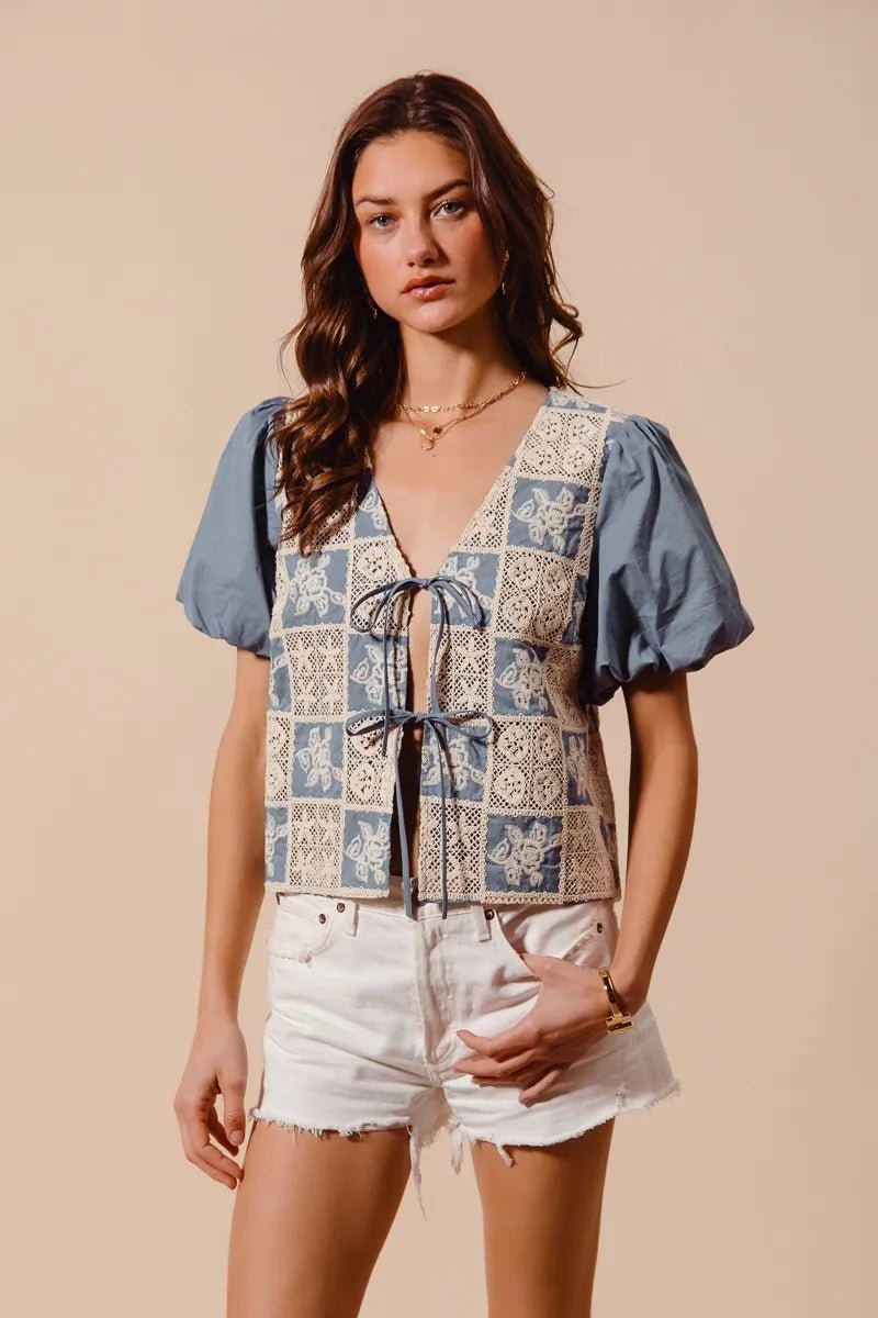 SO ME Crochet Lace Tie Front V Neck Blouse Top - PBNJ FASHIONS