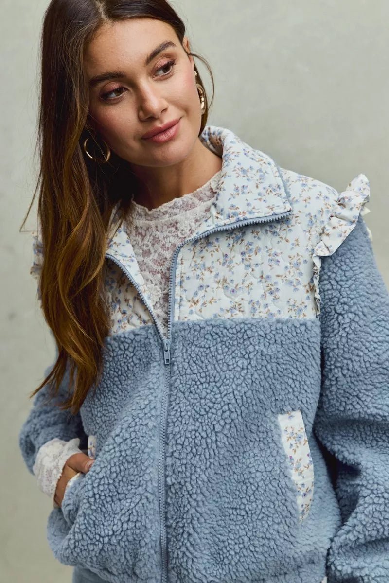 SO ME Faux Fur Sherpa Pull Jacket with Floral Contrast - PBNJ FASHIONS