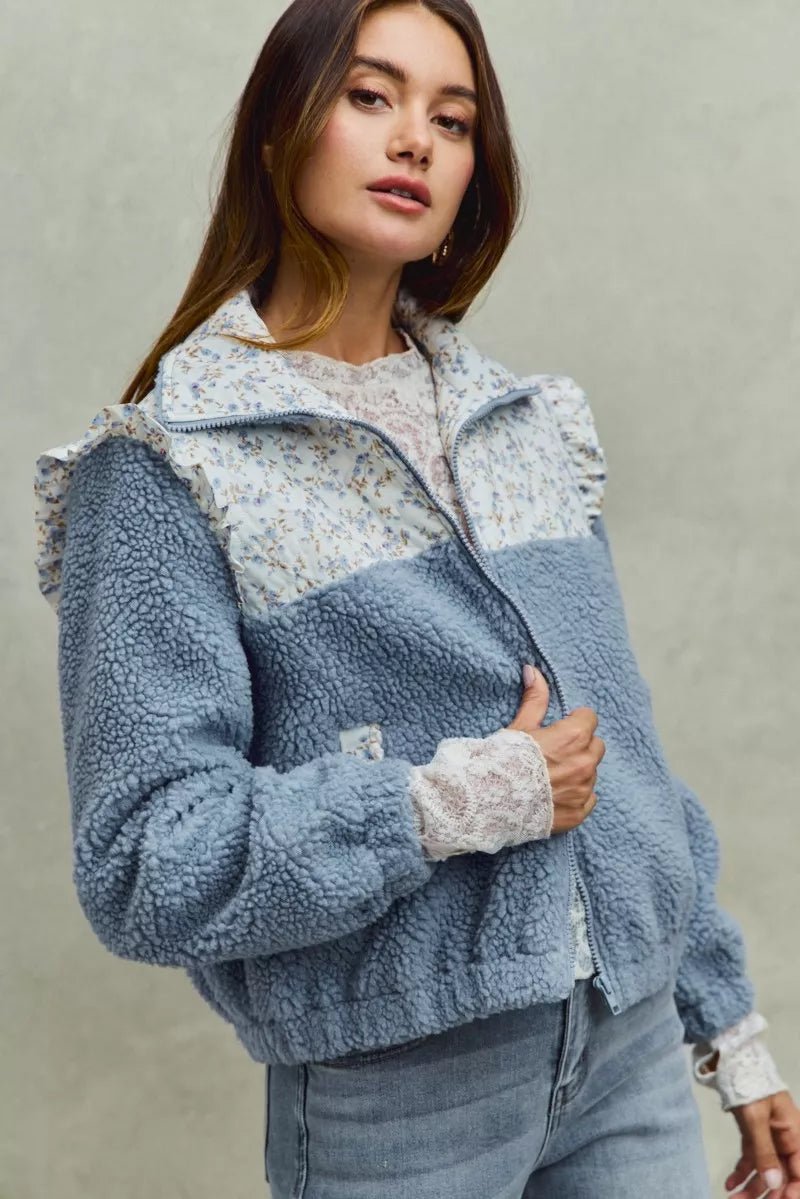 SO ME Faux Fur Sherpa Pull Jacket with Floral Contrast - PBNJ FASHIONS