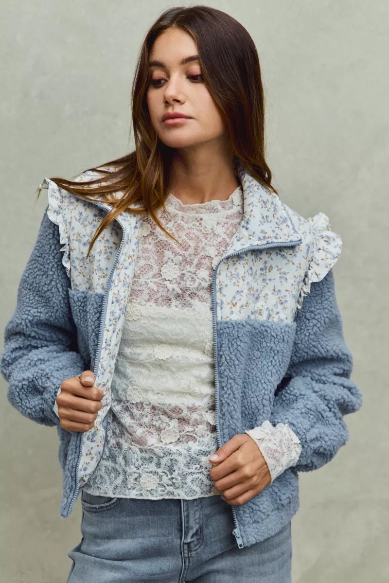 SO ME Faux Fur Sherpa Pull Jacket with Floral Contrast - PBNJ FASHIONS