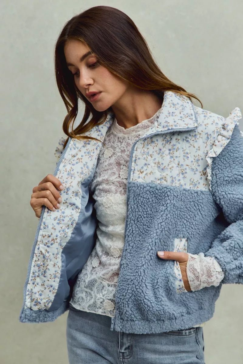 SO ME Faux Fur Sherpa Pull Jacket with Floral Contrast - PBNJ FASHIONS