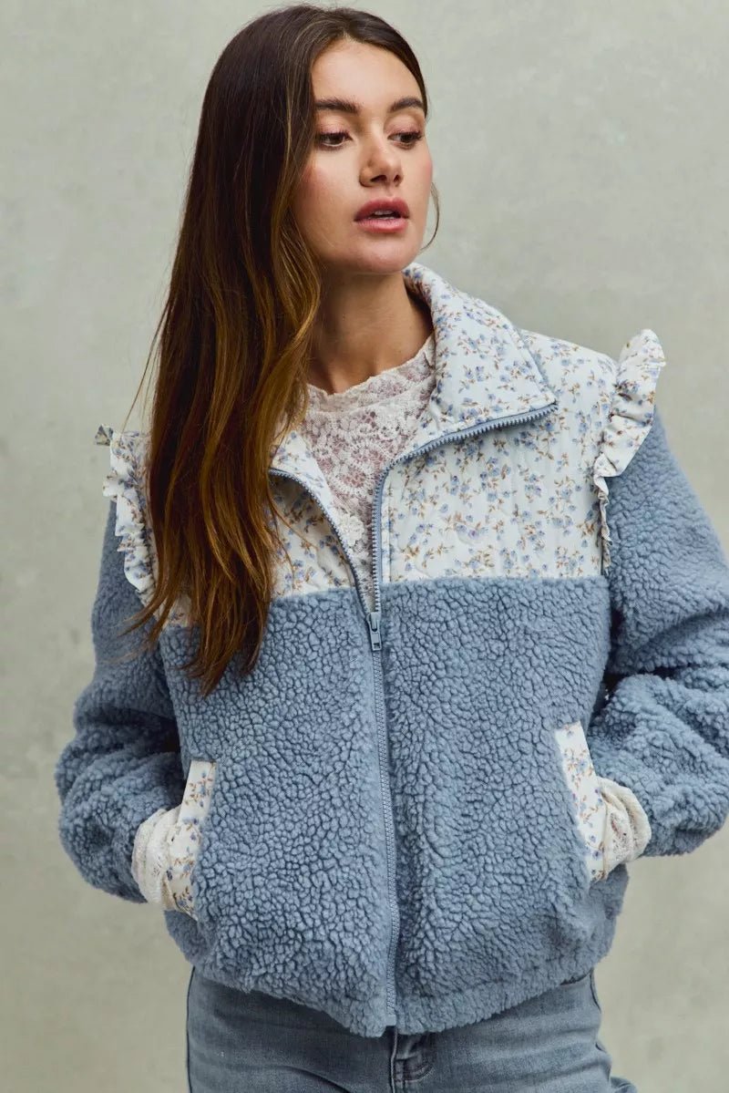 SO ME Faux Fur Sherpa Pull Jacket with Floral Contrast - PBNJ FASHIONS