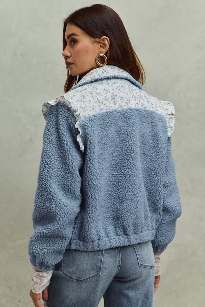 SO ME Faux Fur Sherpa Pull Jacket with Floral Contrast - PBNJ FASHIONS
