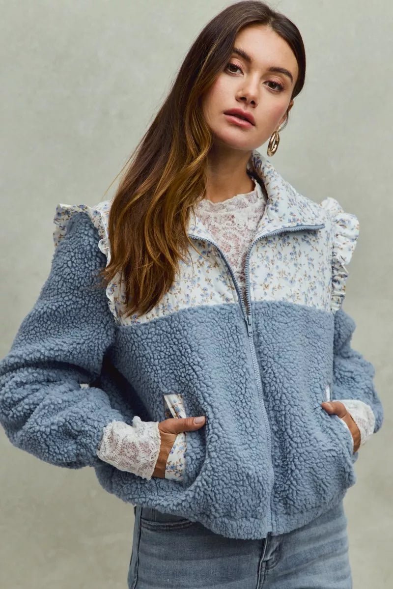 SO ME Faux Fur Sherpa Pull Jacket with Floral Contrast - PBNJ FASHIONS