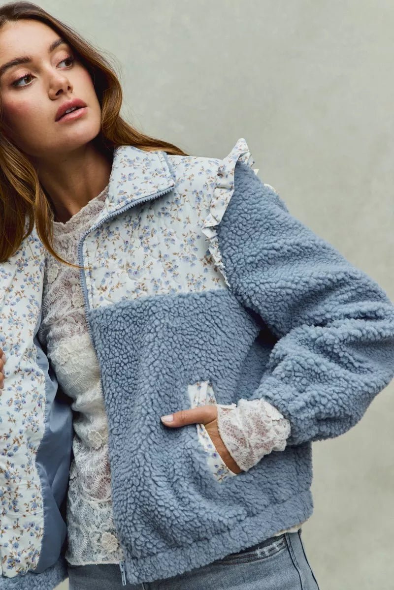 SO ME Faux Fur Sherpa Pull Jacket with Floral Contrast - PBNJ FASHIONS