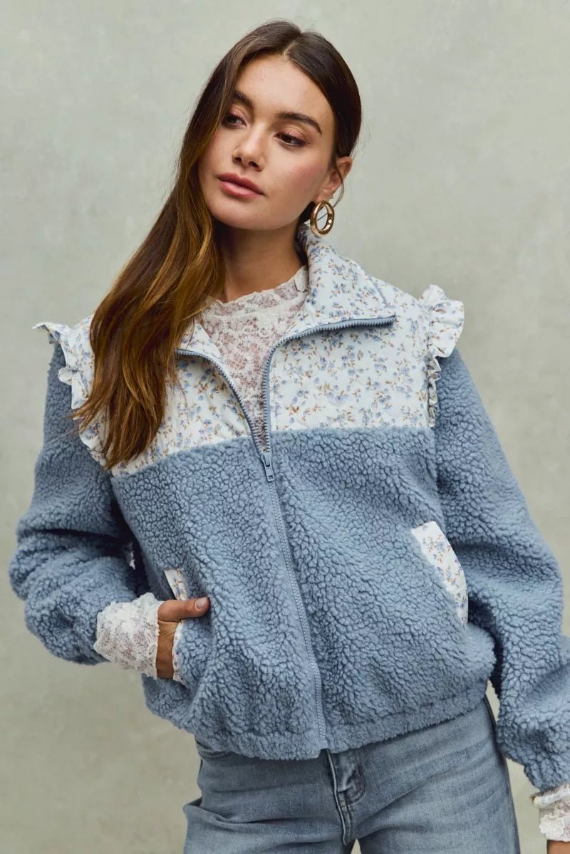 SO ME Faux Fur Sherpa Pull Jacket with Floral Contrast - PBNJ FASHIONS
