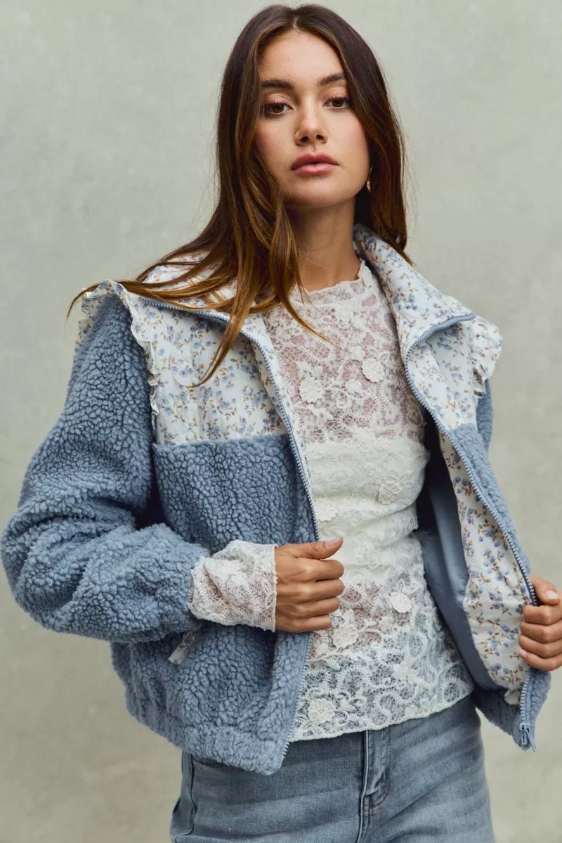SO ME Faux Fur Sherpa Pull Jacket with Floral Contrast - PBNJ FASHIONS