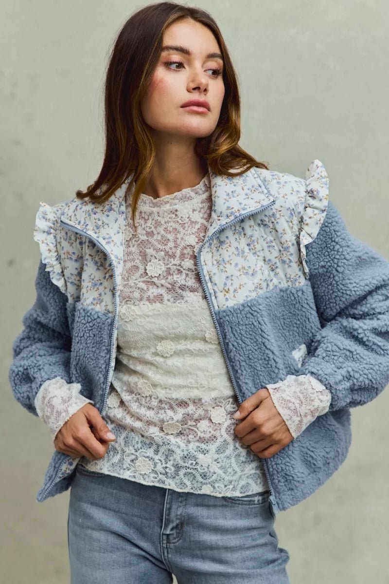 SO ME Faux Fur Sherpa Pull Jacket with Floral Contrast - PBNJ FASHIONS