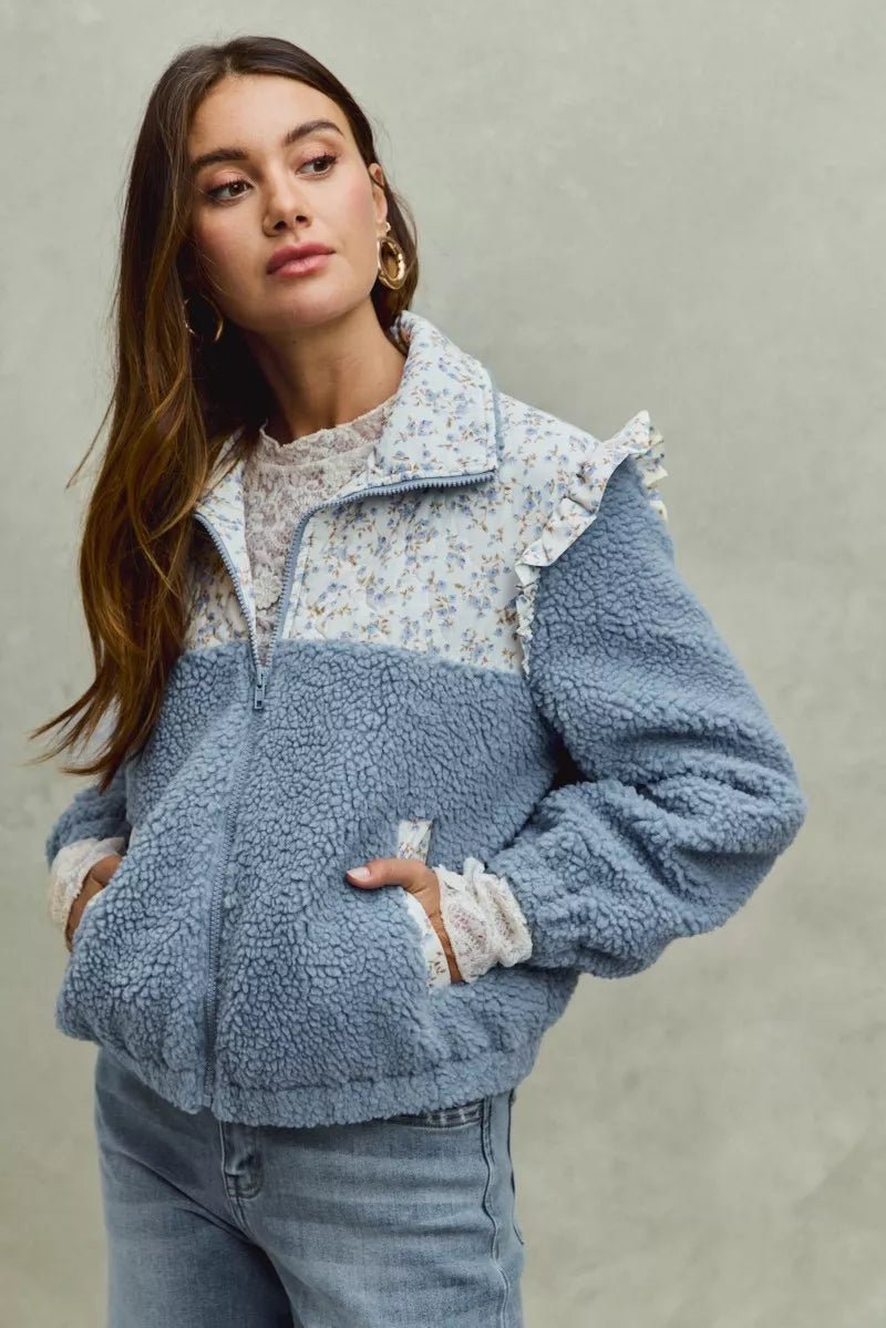 SO ME Faux Fur Sherpa Pull Jacket with Floral Contrast - PBNJ FASHIONS