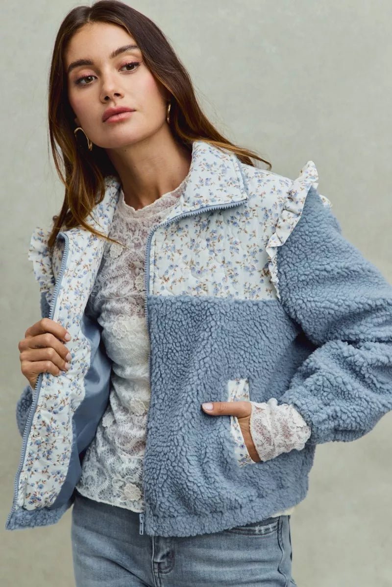 SO ME Faux Fur Sherpa Pull Jacket with Floral Contrast - PBNJ FASHIONS