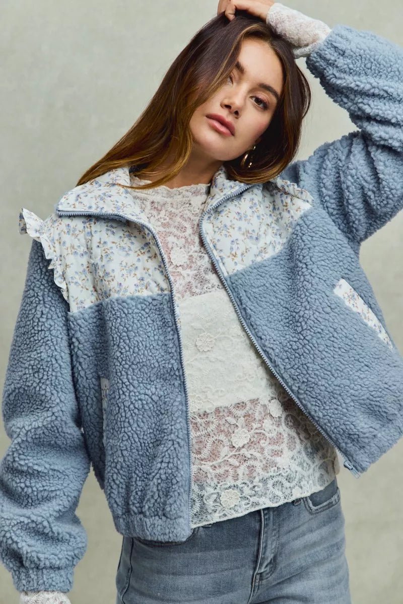 SO ME Faux Fur Sherpa Pull Jacket with Floral Contrast - PBNJ FASHIONS