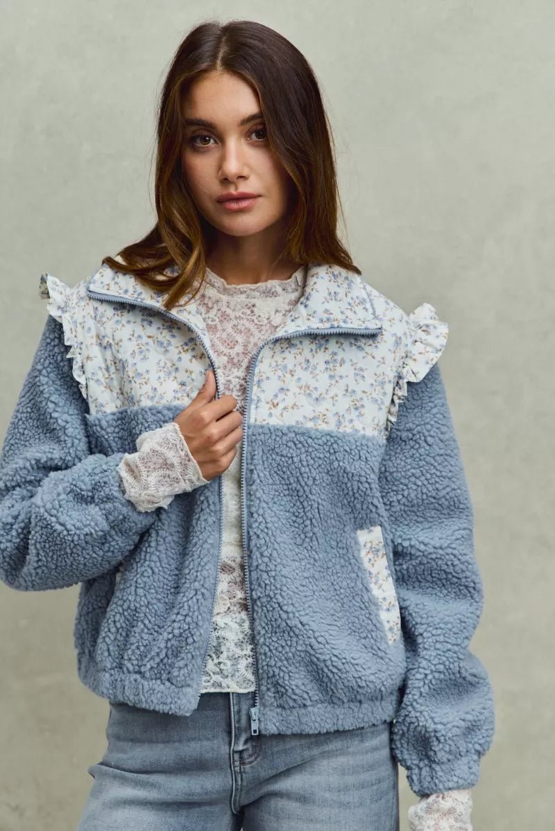SO ME Faux Fur Sherpa Pull Jacket with Floral Contrast - PBNJ FASHIONS