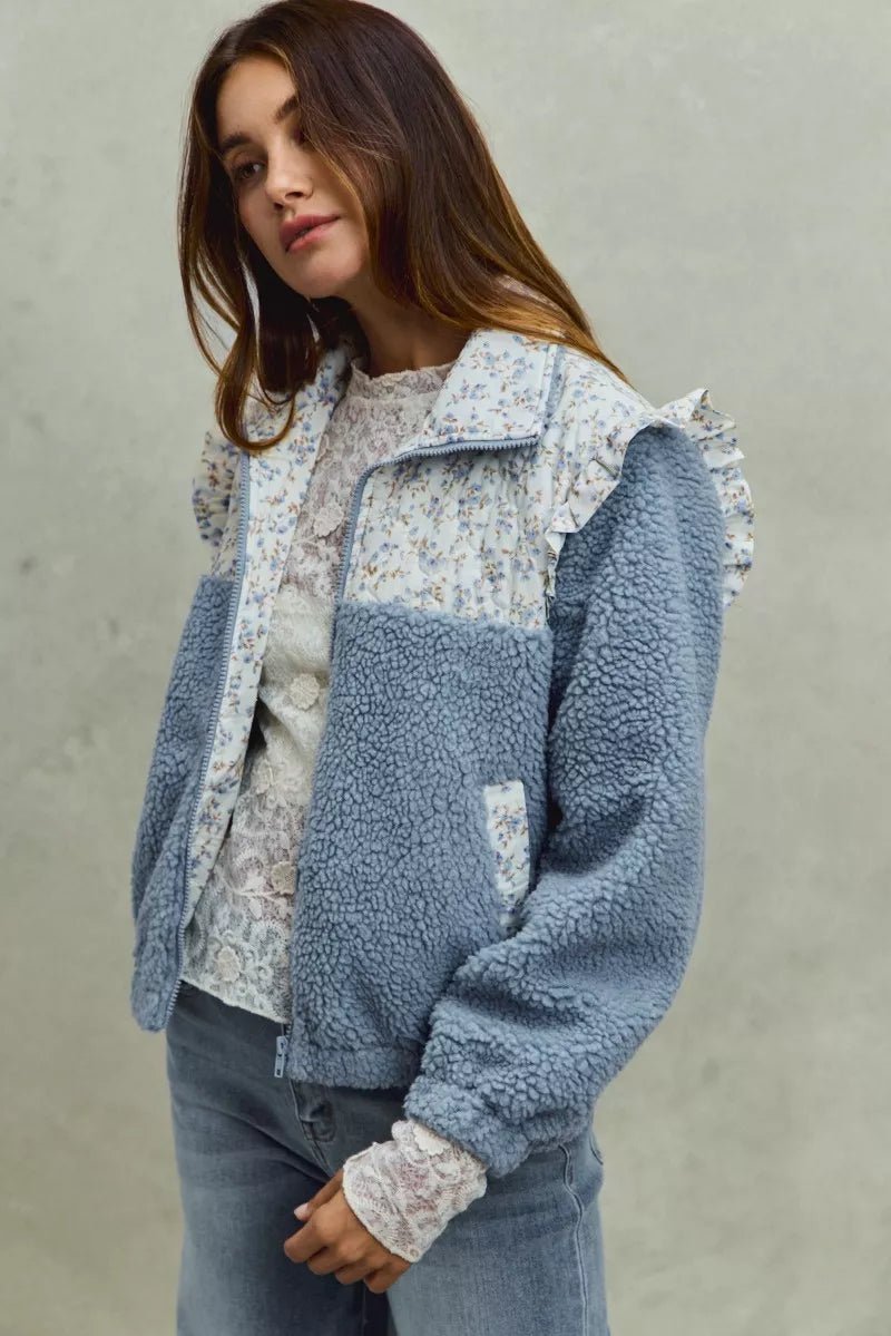 SO ME Faux Fur Sherpa Pull Jacket with Floral Contrast - PBNJ FASHIONS