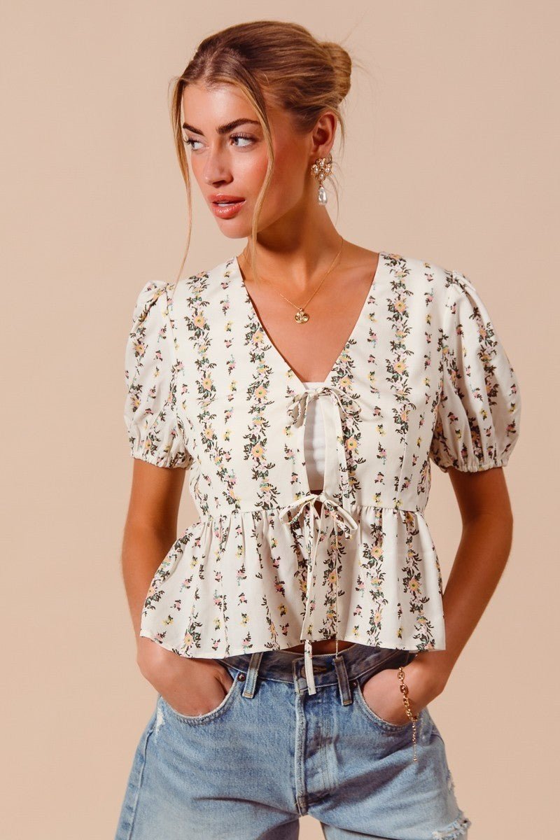SO ME Floral Print Tie Front Shirred Hem Blouse - PBNJ FASHIONS