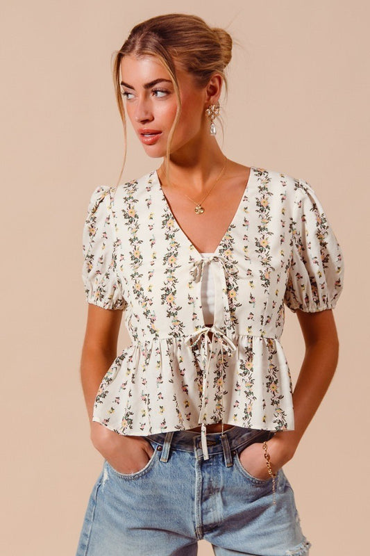 SO ME Floral Print Tie Front Shirred Hem Blouse - PBNJ FASHIONS