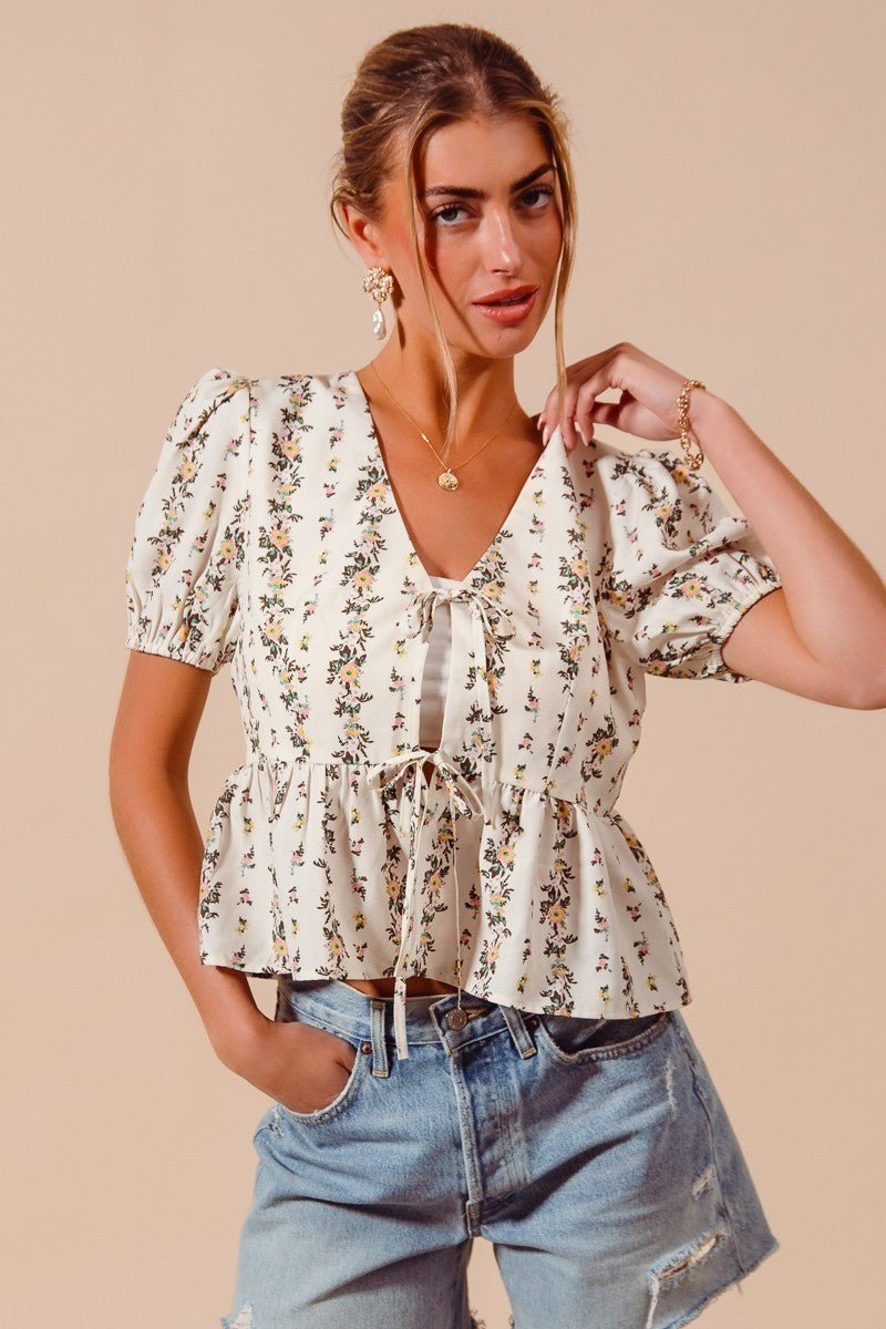 SO ME Floral Print Tie Front Shirred Hem Blouse - PBNJ FASHIONS