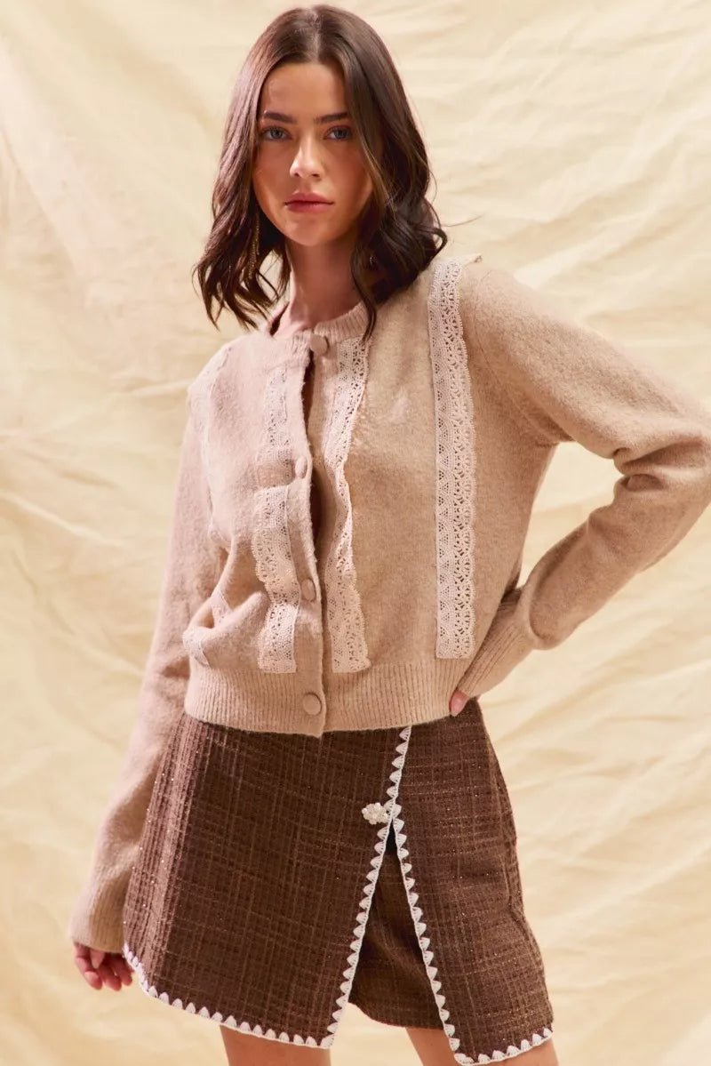 SO ME Front Lace Trim Button Cardigan Sweater - PBNJ FASHIONS