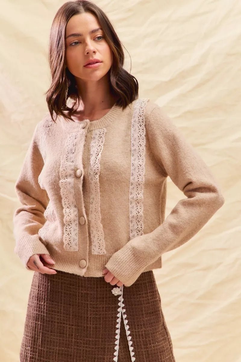 SO ME Front Lace Trim Button Cardigan Sweater - PBNJ FASHIONS