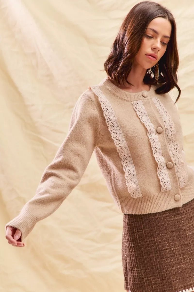 SO ME Front Lace Trim Button Cardigan Sweater - PBNJ FASHIONS