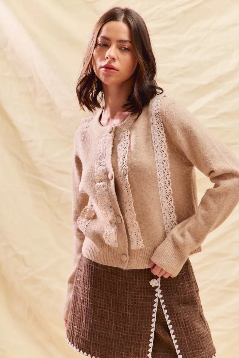 SO ME Front Lace Trim Button Cardigan Sweater - PBNJ FASHIONS